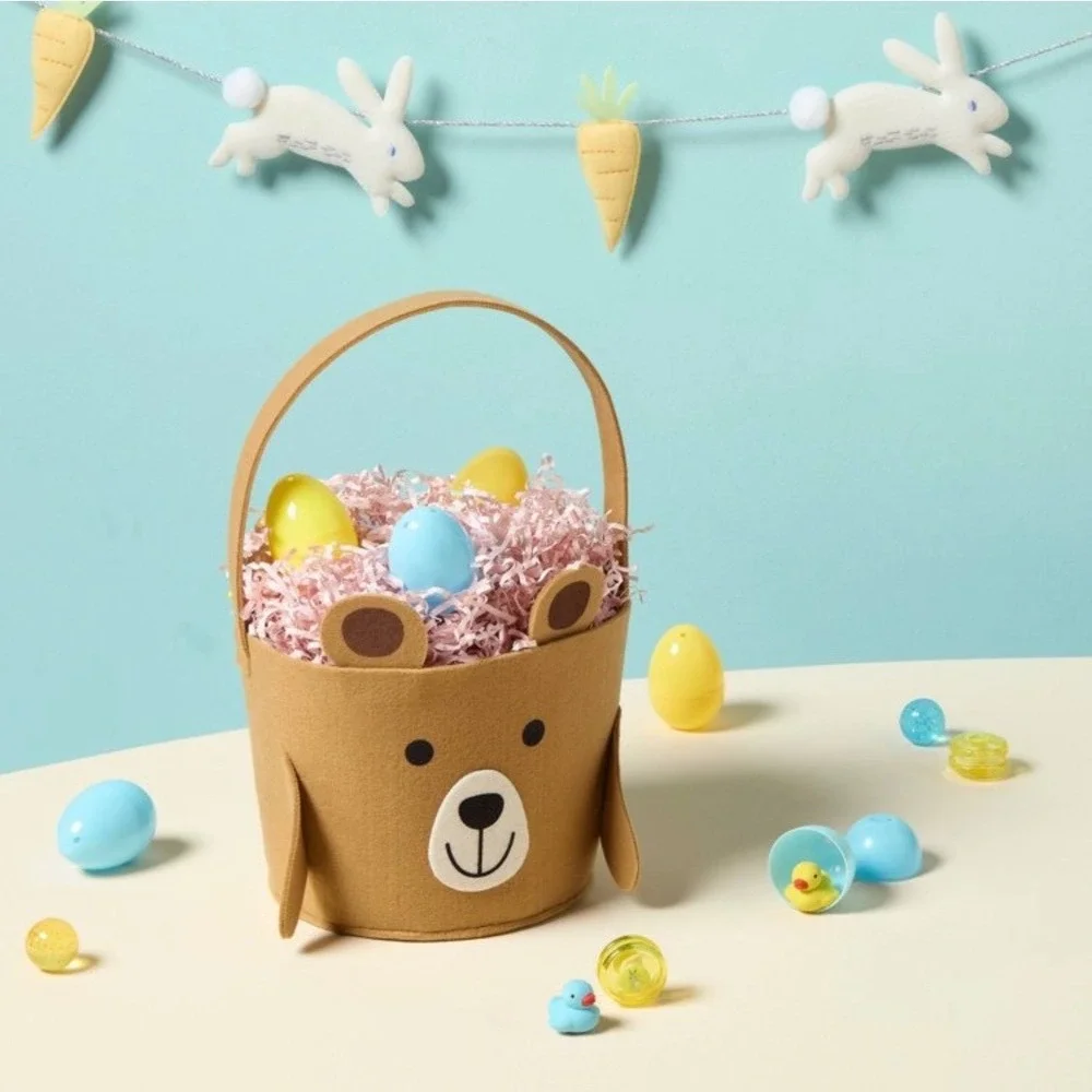 Spritz Easter Felt Bear Basket Brown Round Plush Egg Hunt Pail‎ with Handle NEW